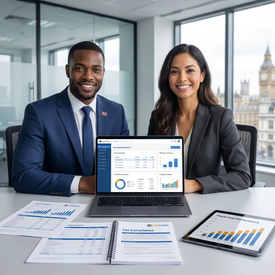 Cross-border accounting team working on UK tax compliance
