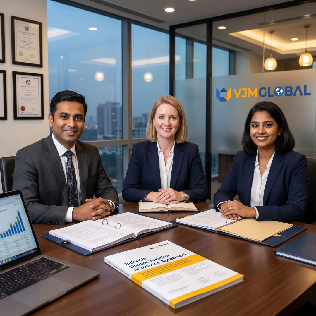 Consultants reviewing India-UK tax treaty planning documents