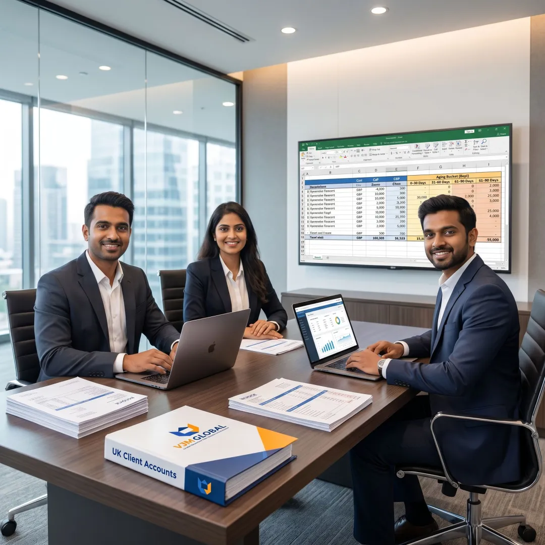 Accounts receivable outsourcing team reviewing invoices and reports