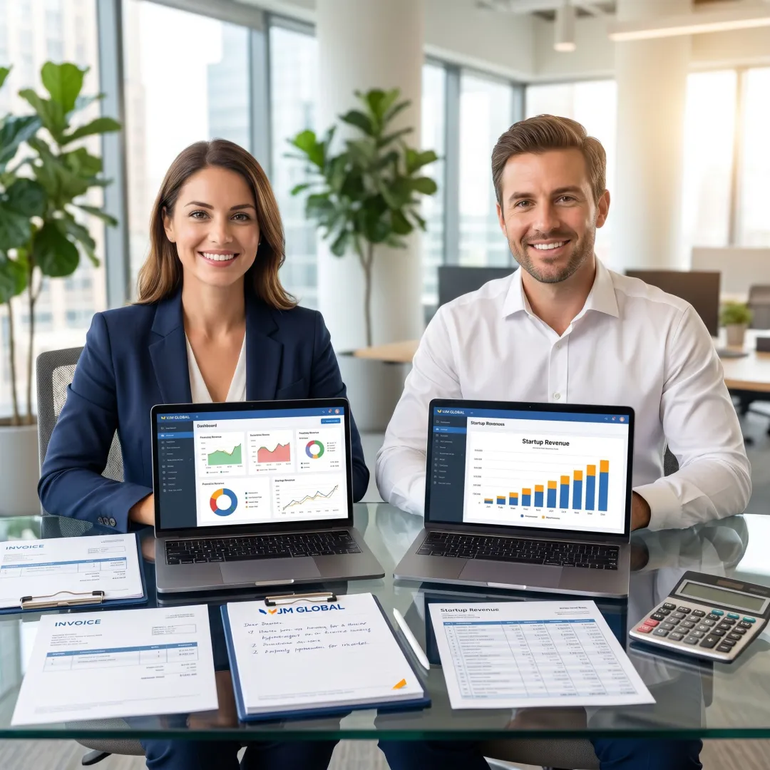 Startup accounting team reviewing financial reports