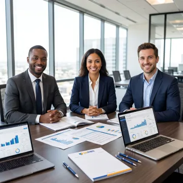 Financial auditors reviewing business records in an office