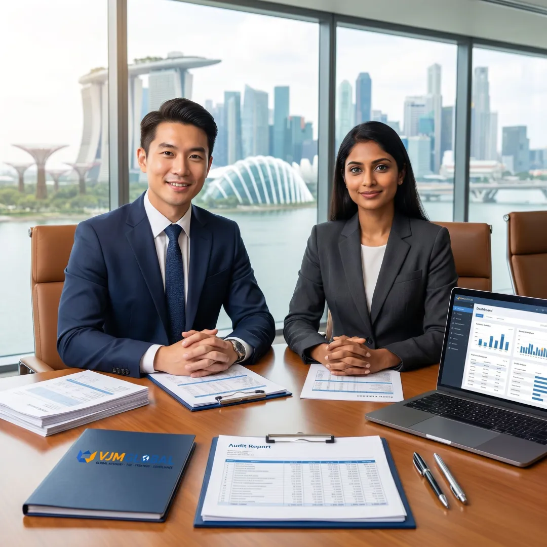 Financial auditors reviewing reports for a Singapore business