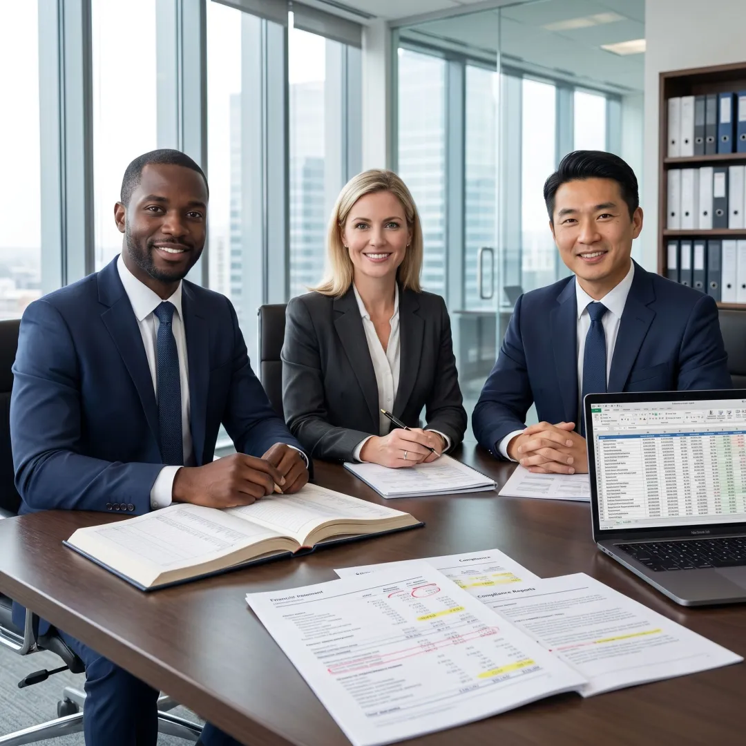 Auditors analyzing financial records and compliance reports