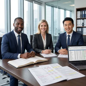 Auditors analyzing financial records and compliance reports