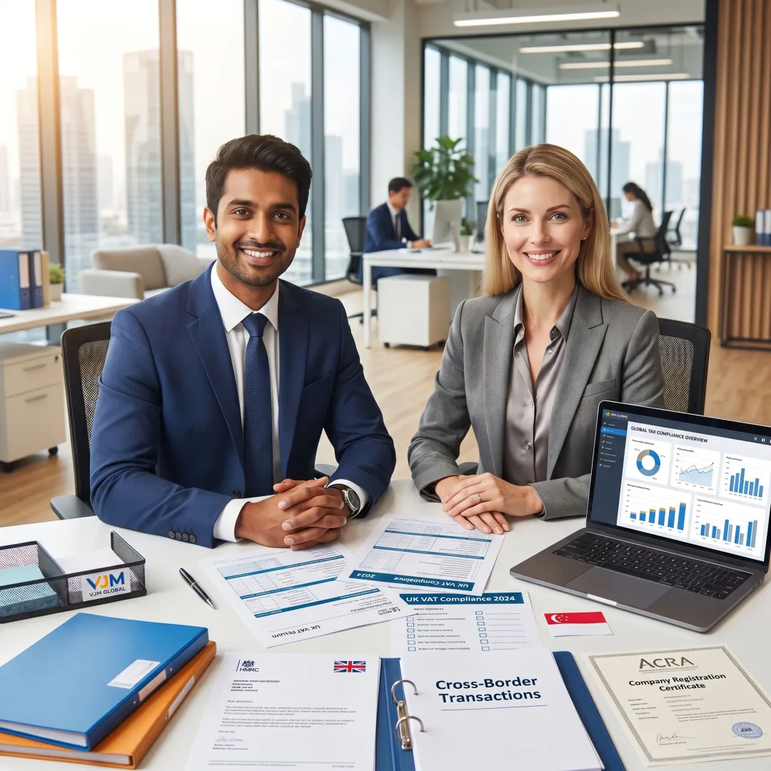 Consultants reviewing UK VAT documents for a Singapore company