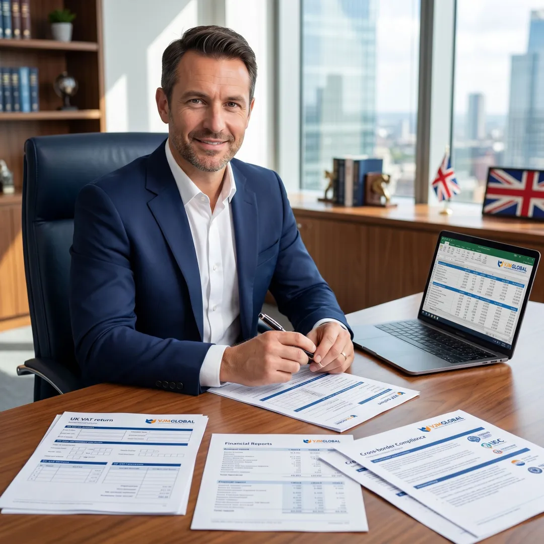 Tax advisor reviewing UK VAT documents for a Singapore business