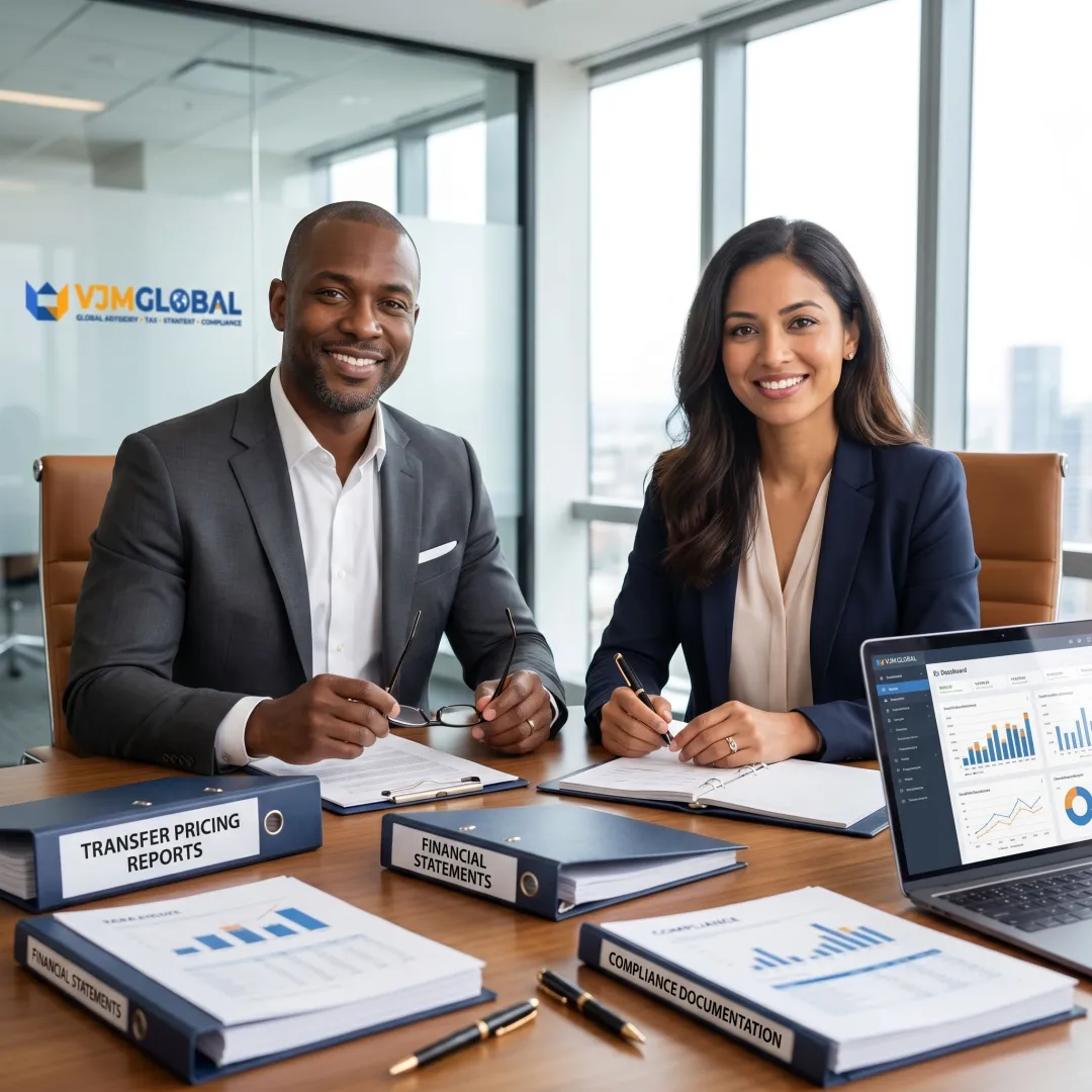 Transfer pricing consultants reviewing cross-border tax documents