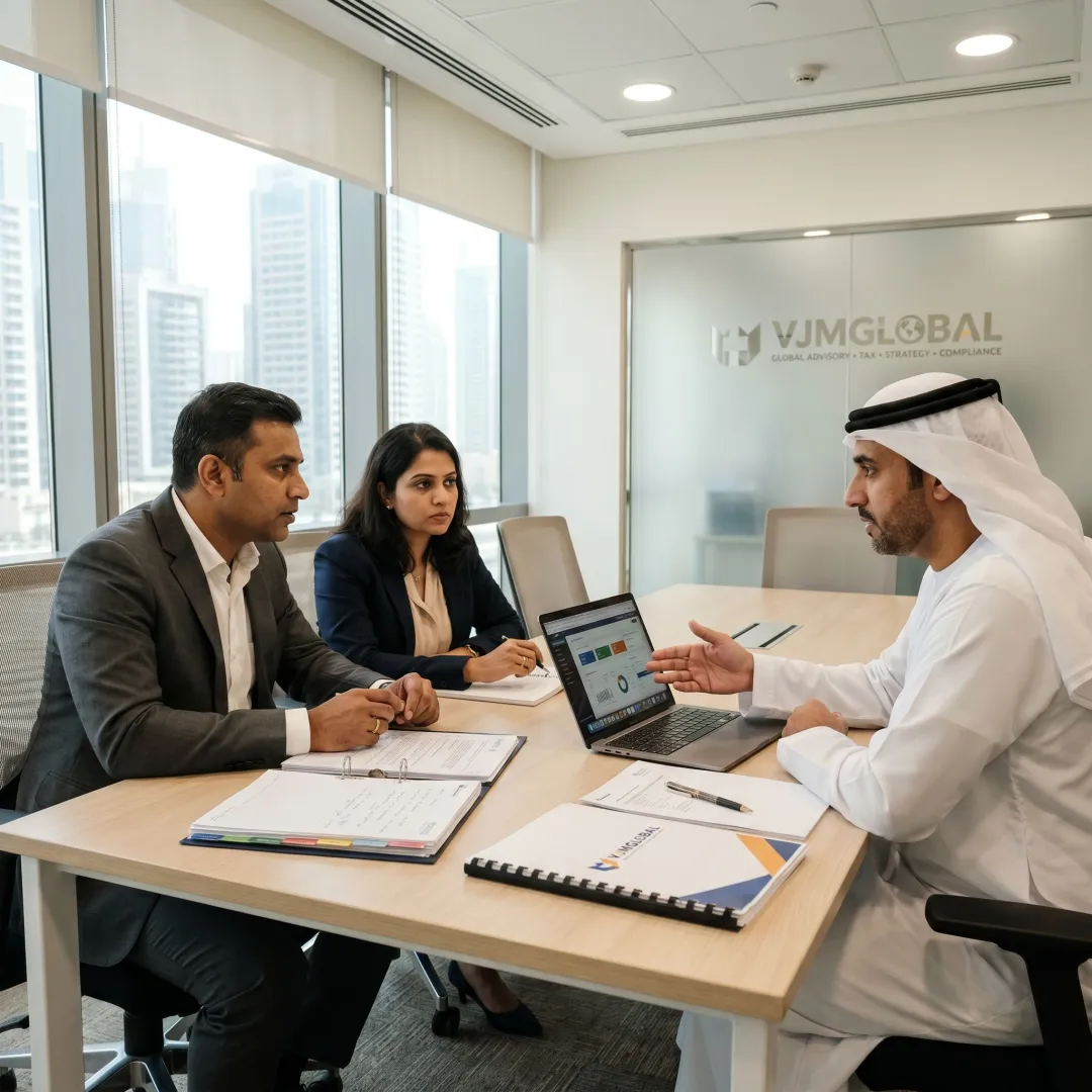 Indian business owners discussing UAE corporate tax with advisors