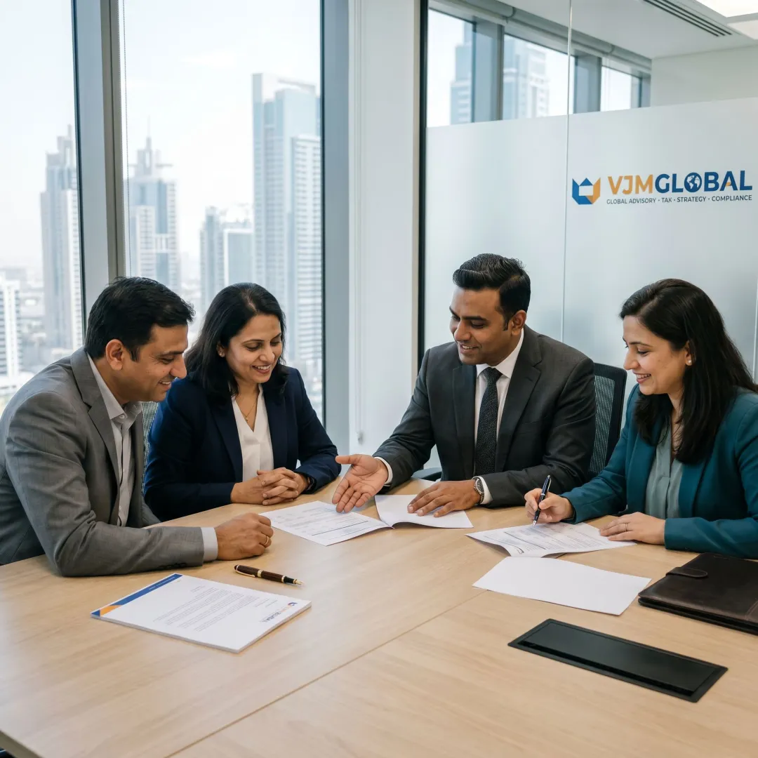 Indian business owners reviewing tax documents in Dubai