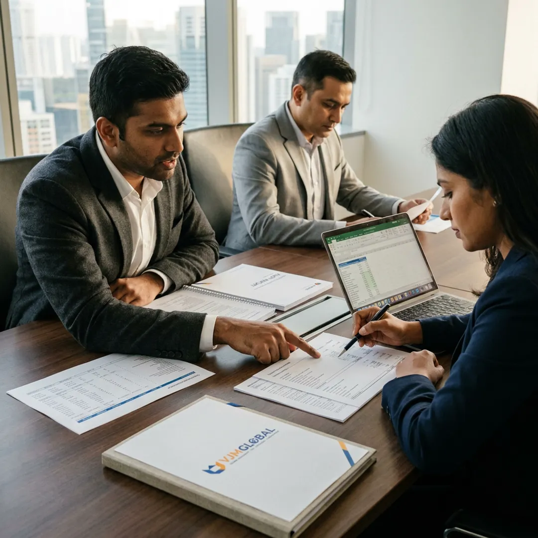 Audit professionals reviewing financial statements for a US firm in Singapore