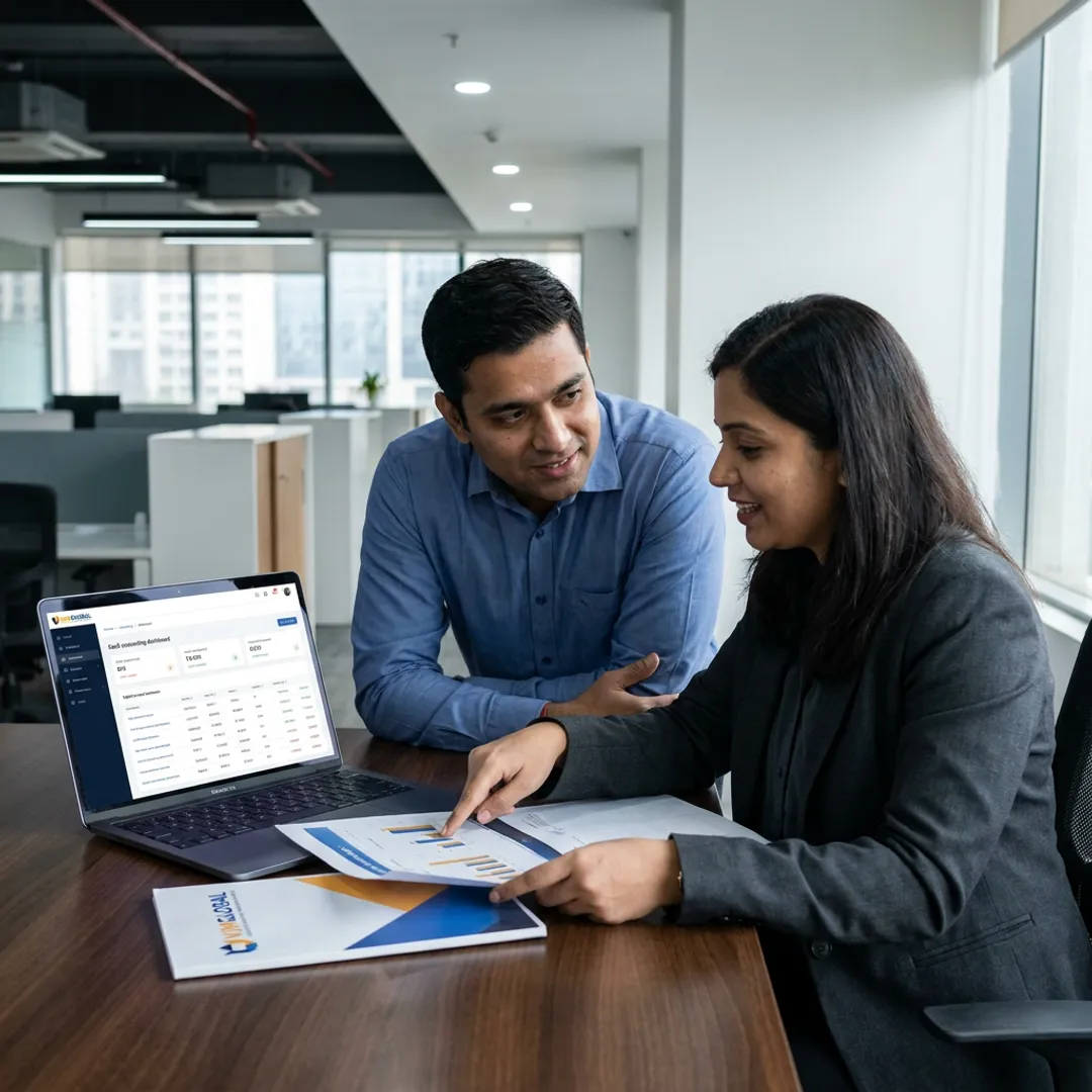 Franchise accounting team reviewing financial reports