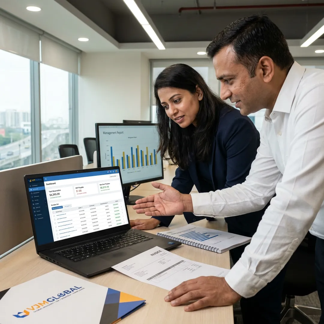 Manufacturing team reviewing Sage accounting reports