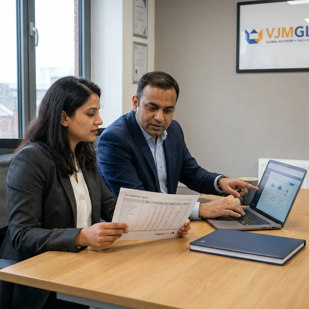 Accounting team reviewing ledgers and tax reports