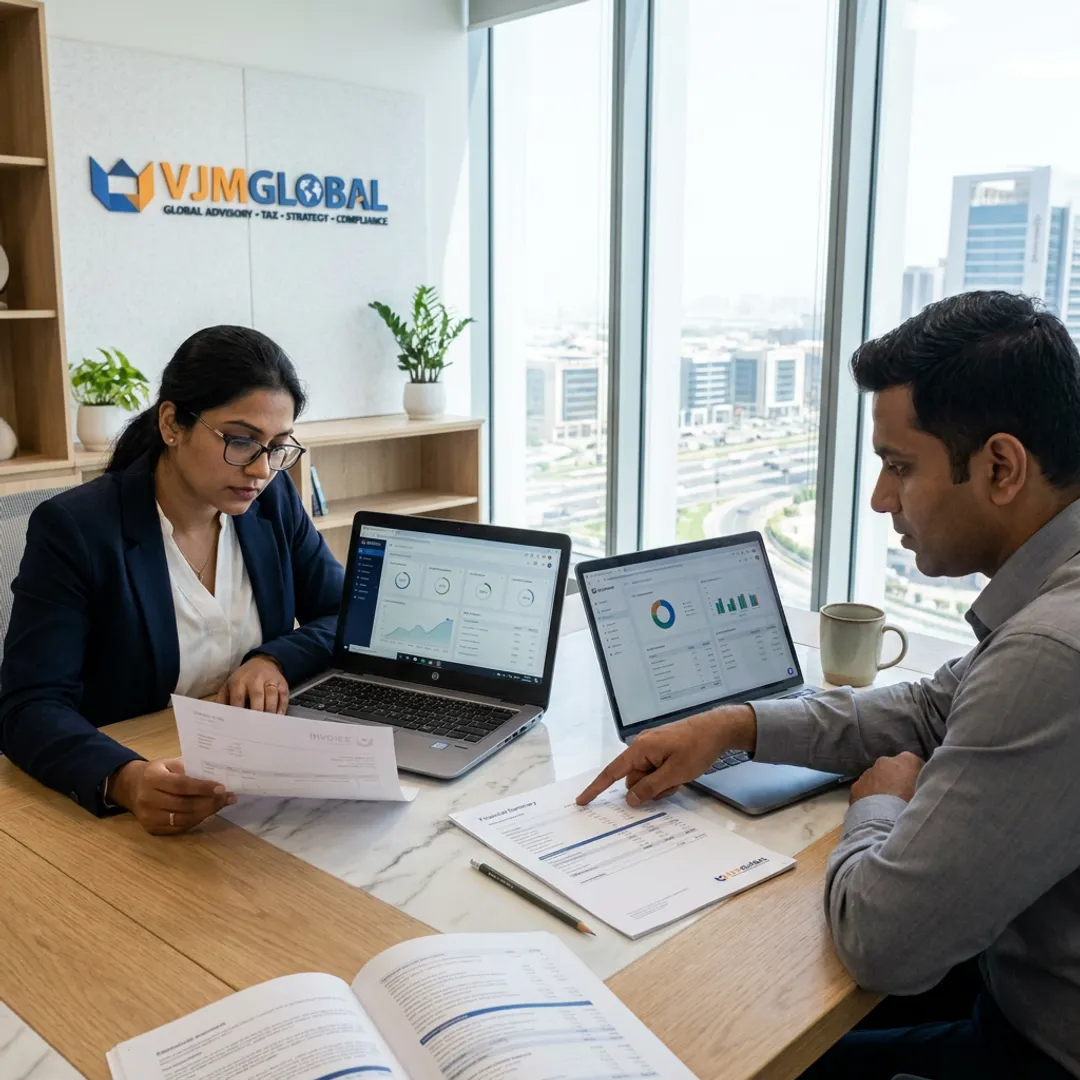 Startup accounting team reviewing financial reports in Dubai