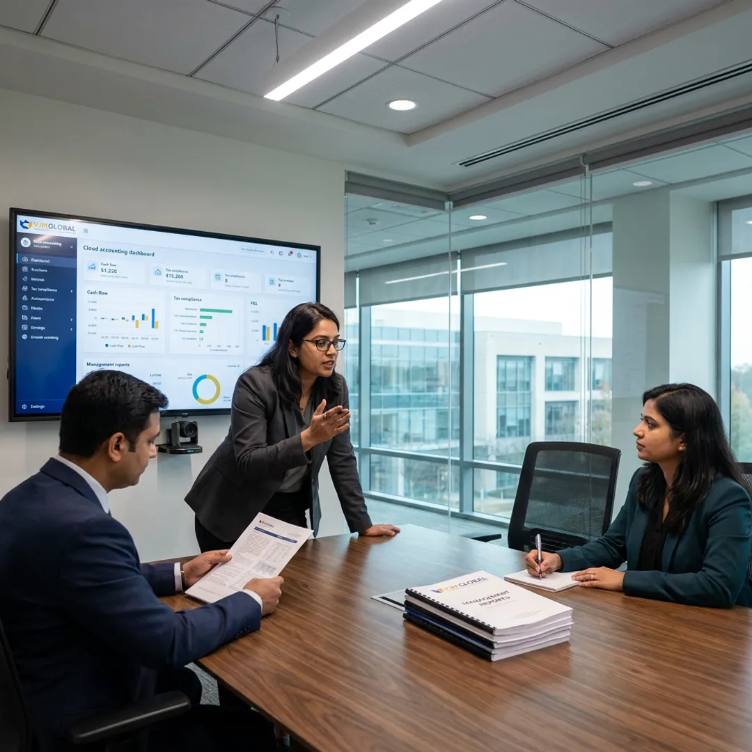 Finance advisor presenting cloud accounting dashboard