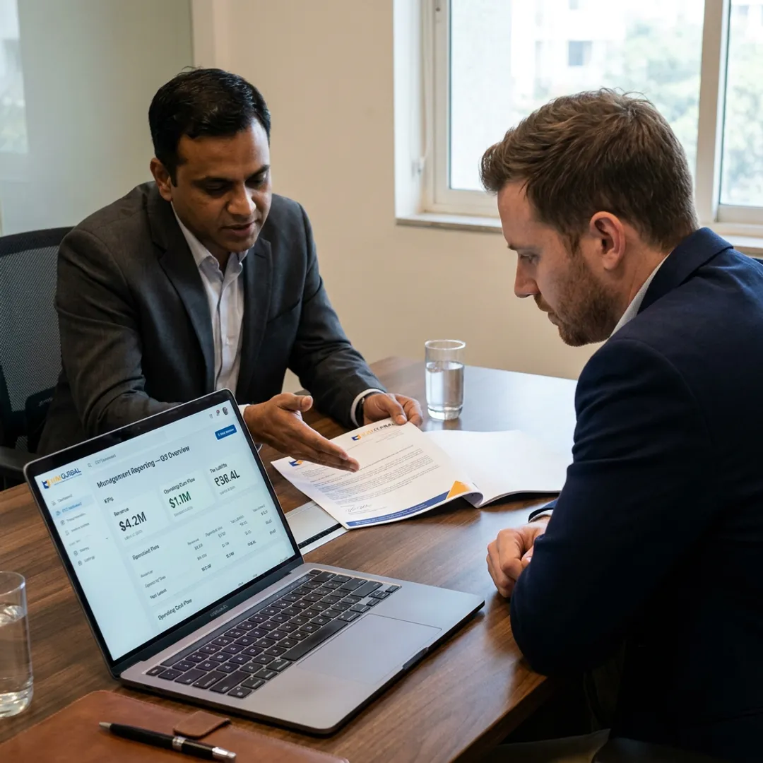 Virtual CFO reviewing financial reports with business leaders