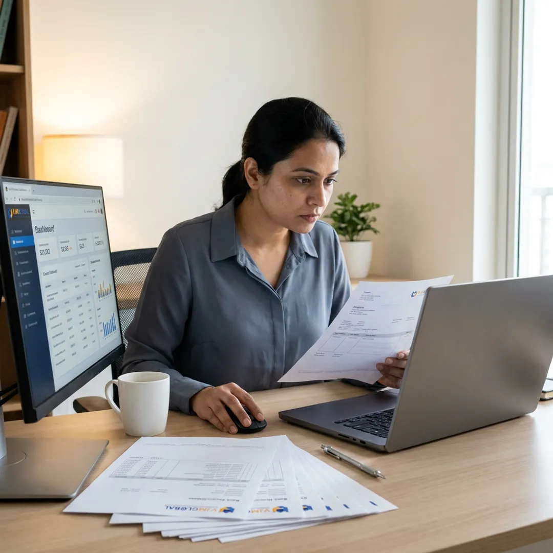 Remote accountant preparing bookkeeping reports