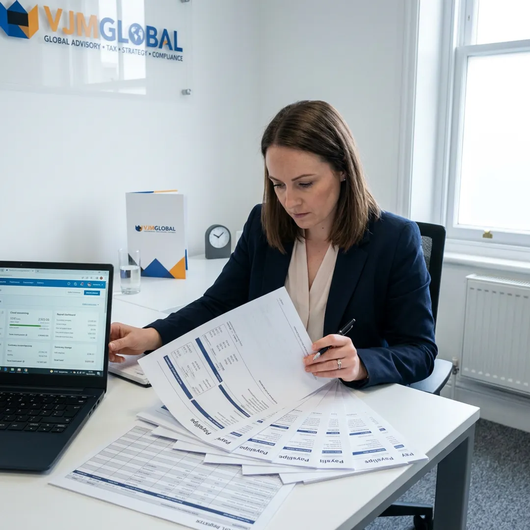 Payroll specialist reviewing employee payslips in an office
