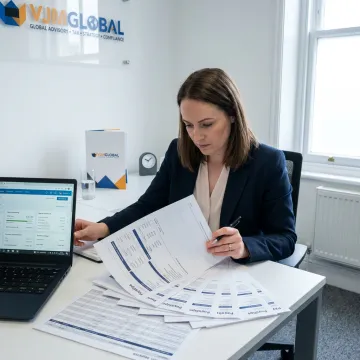 Payroll specialist reviewing employee payslips in an office