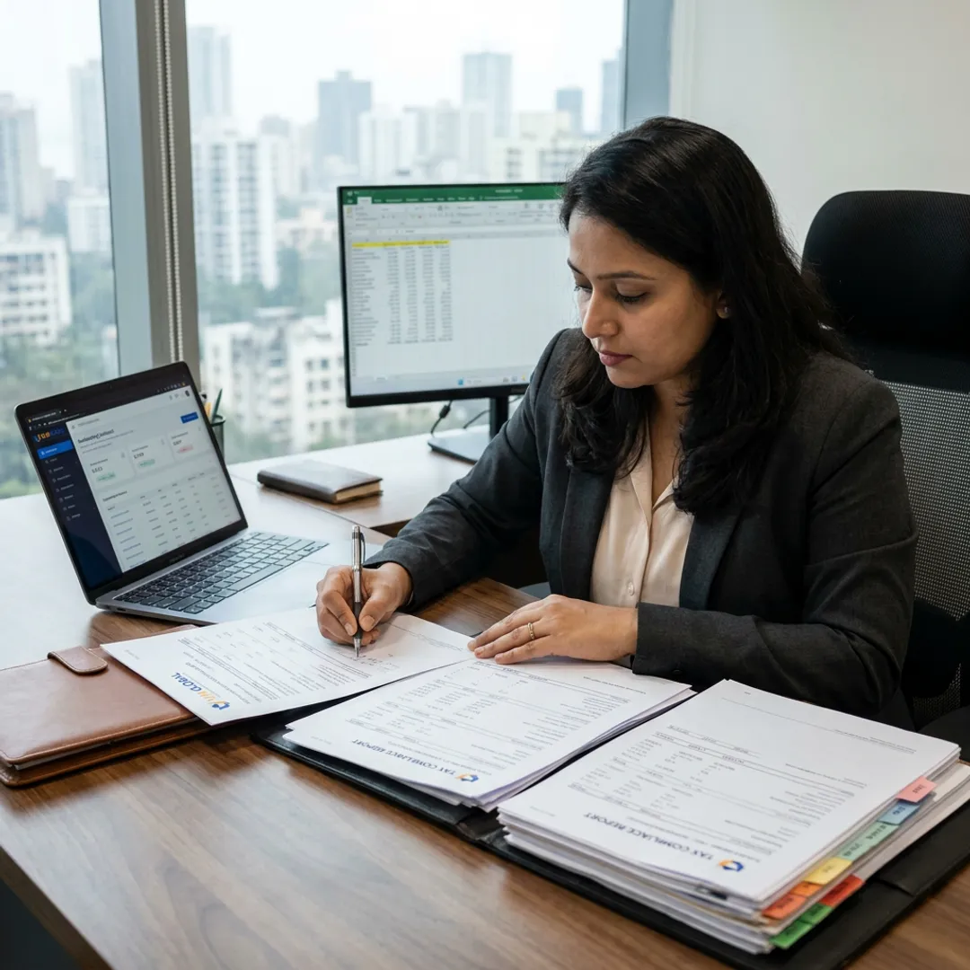 Tax accountant reviewing UK compliance reports