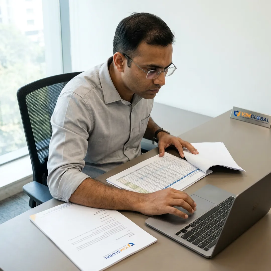 Corporate accountant reviewing financial reports
