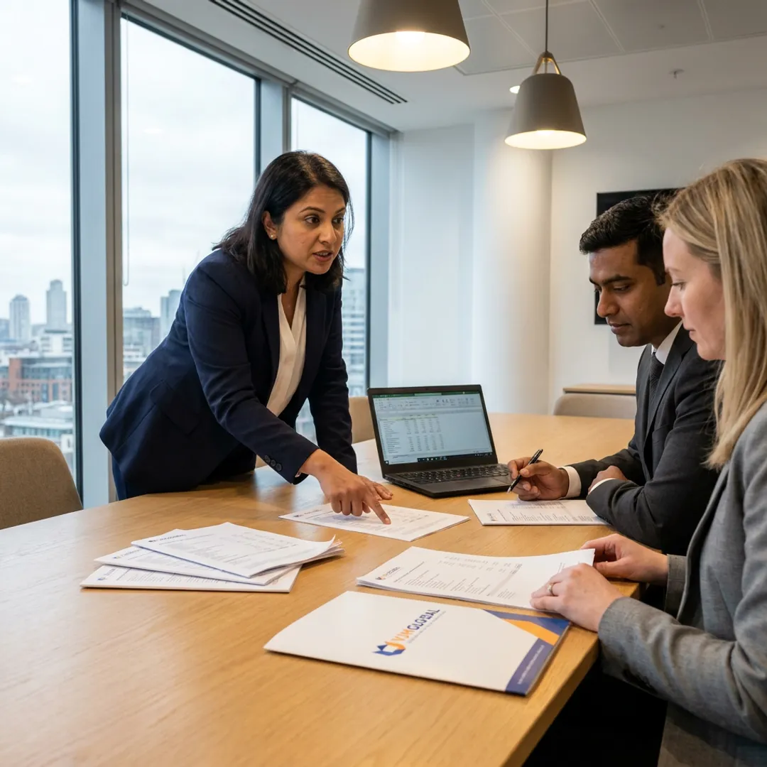 Corporate tax advisor reviewing financial reports