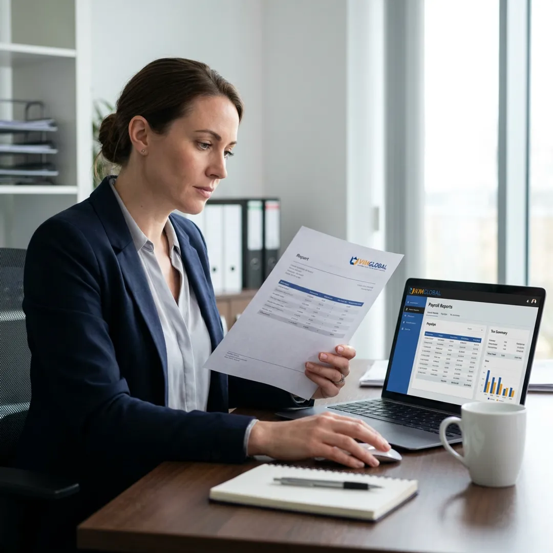 Payroll specialist reviewing digital reports