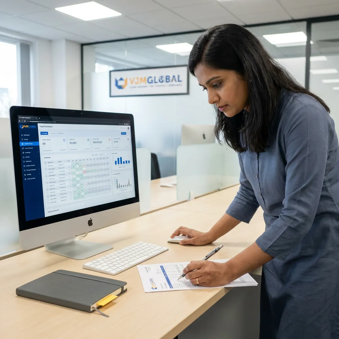 Payroll specialist reviewing agency timesheets