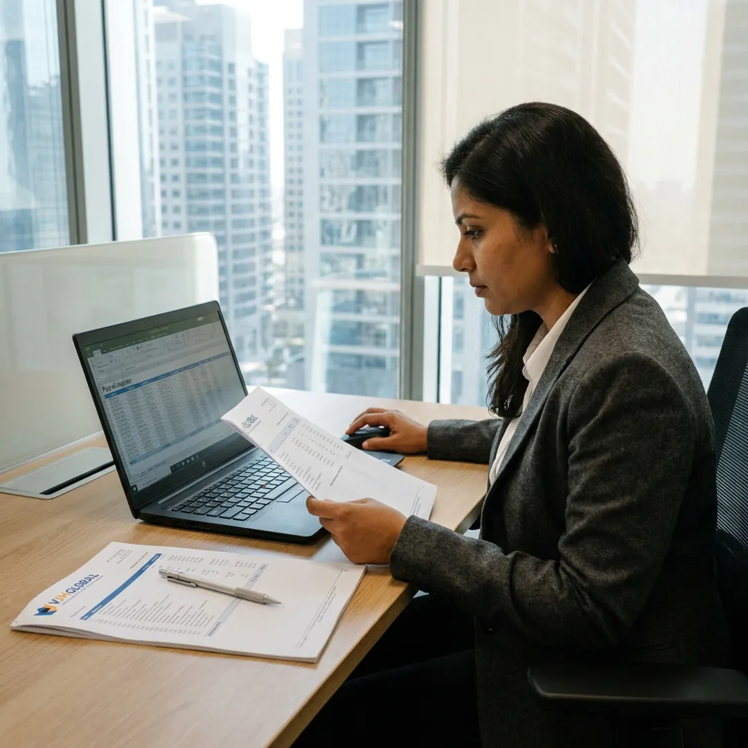 Accountant reconciling payroll records