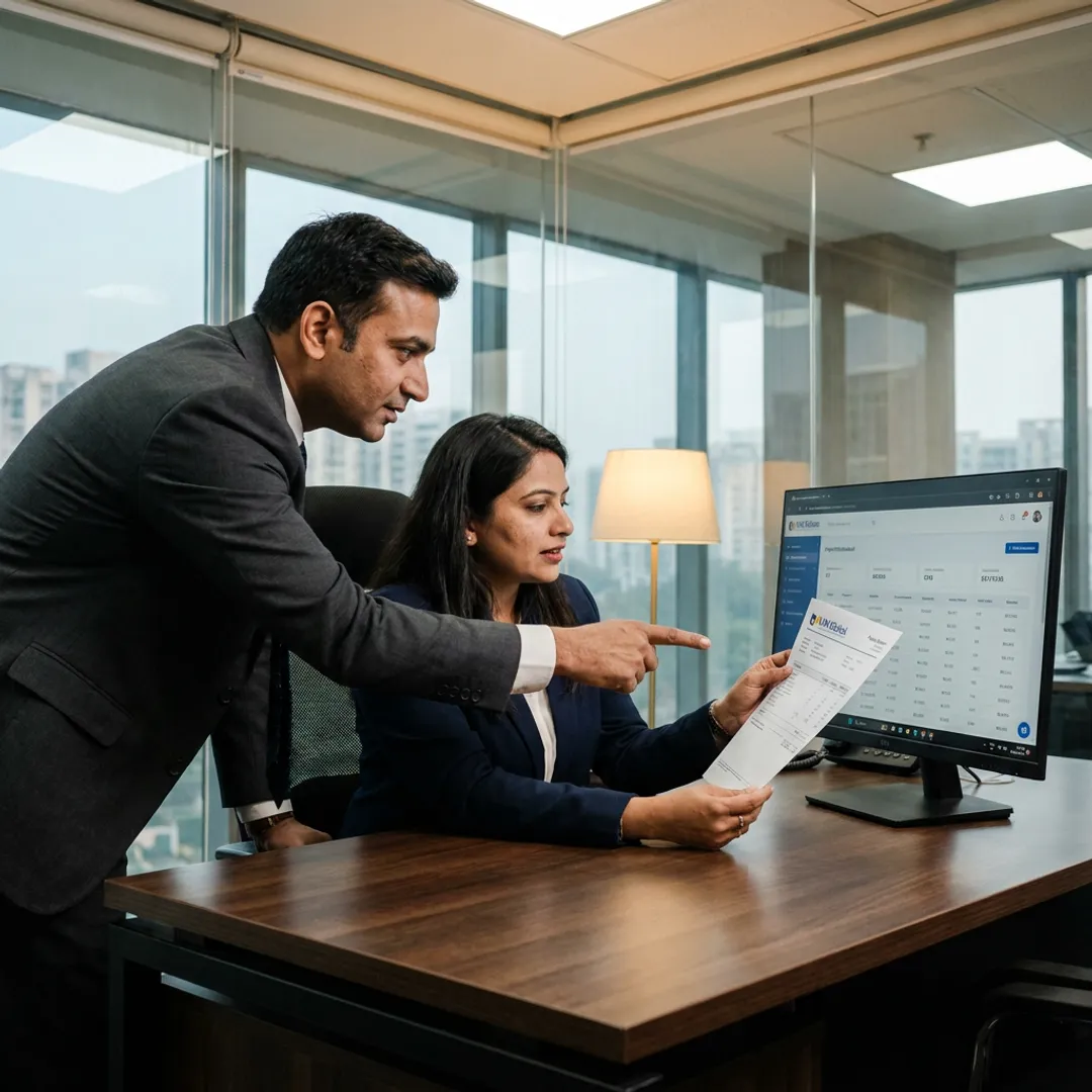 Payroll specialist reviewing digital payslip reports