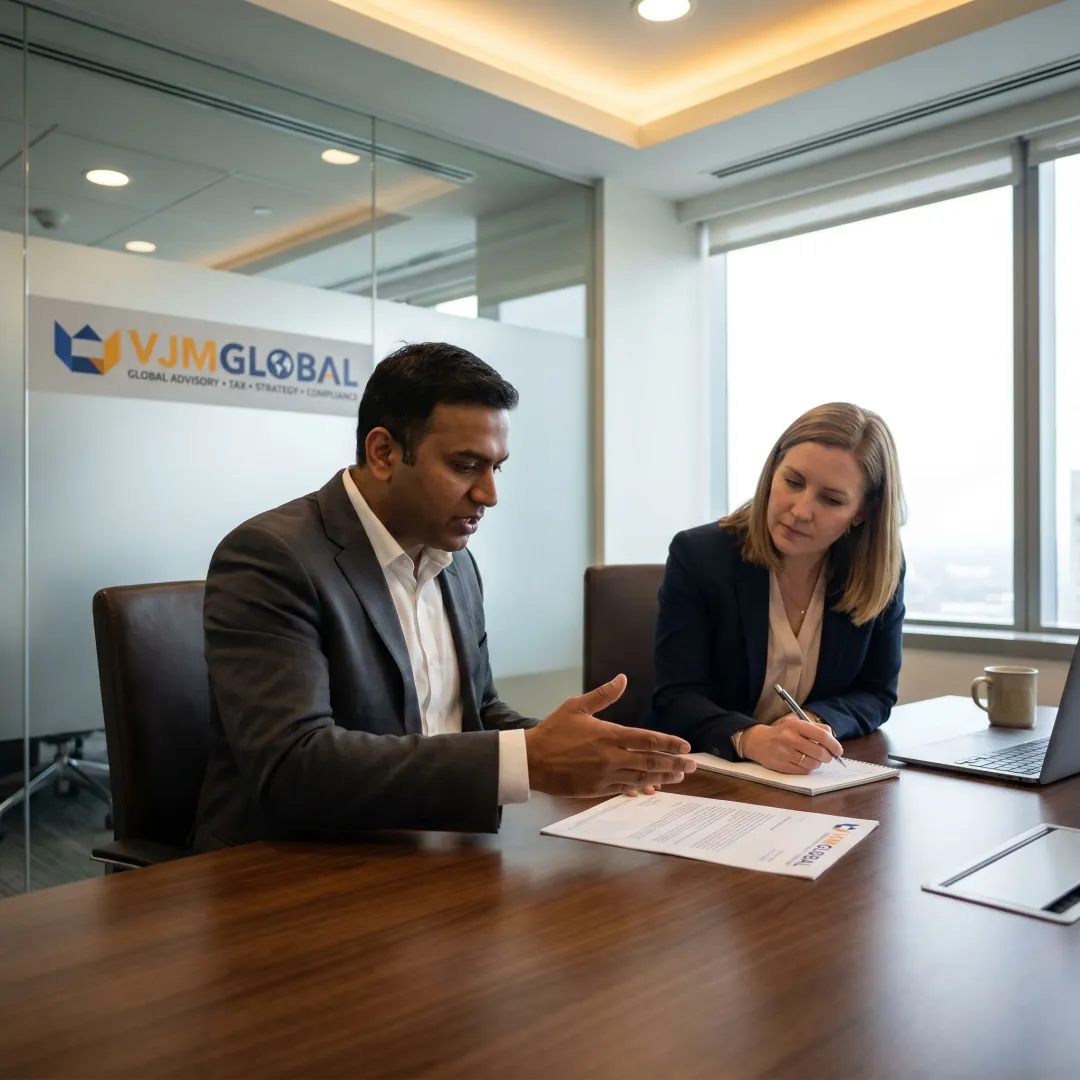 Tax advisor reviewing international compliance documents