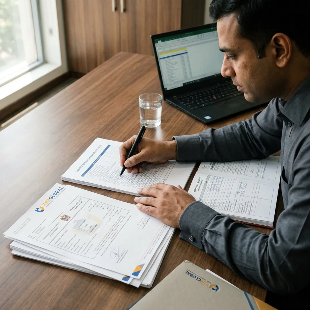 Advisor reviewing free zone company setup documents