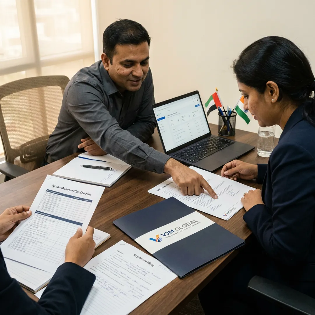 Consultants reviewing Ajman business setup documents