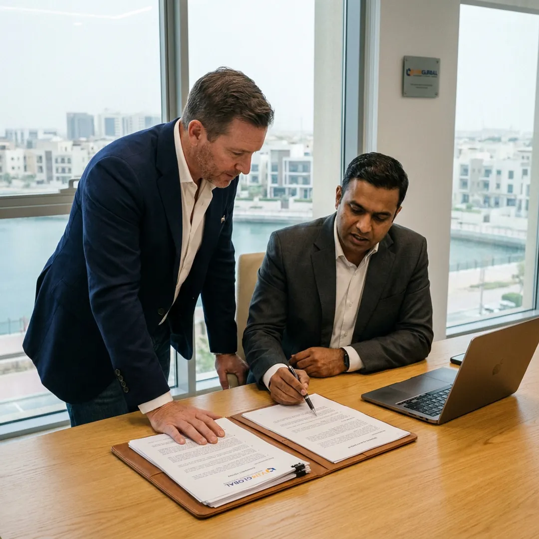 US business owner reviewing Umm Al Quwain setup documents