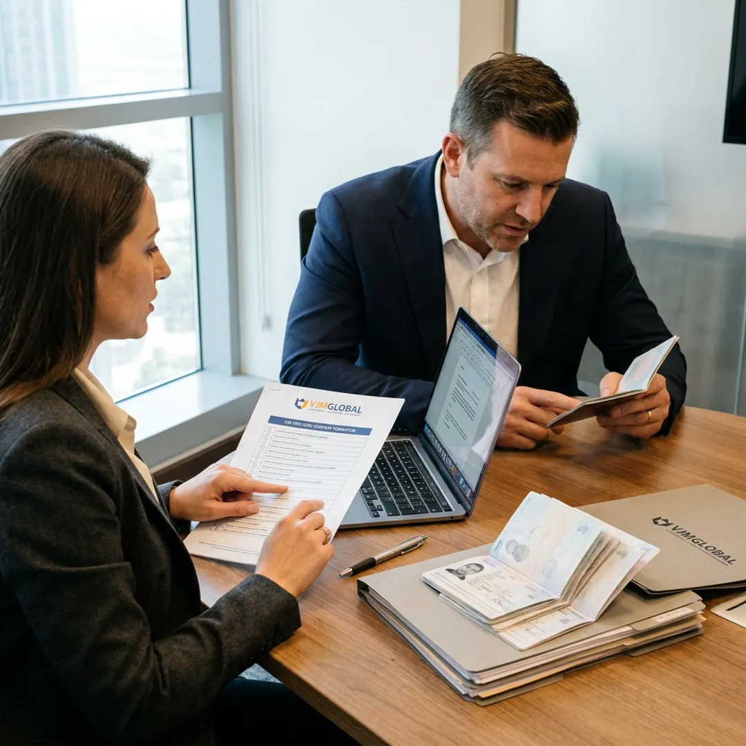 Business advisors reviewing company formation documents