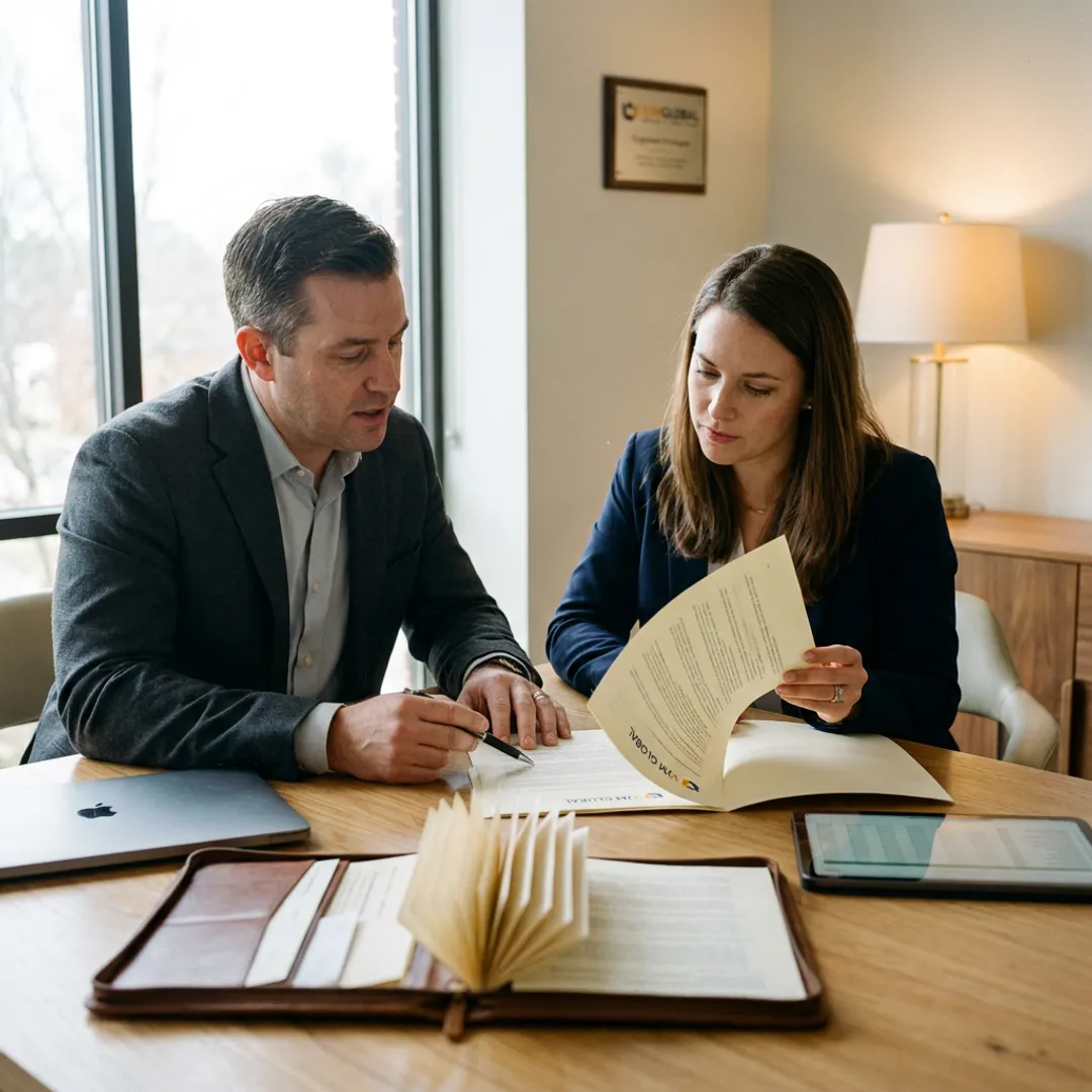 Advisor reviewing company registration documents