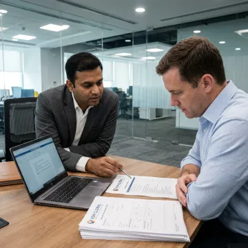 Advisor reviewing business setup documents with US founder