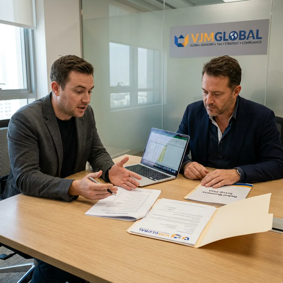 Advisor reviewing Dubai company registration steps with business owner