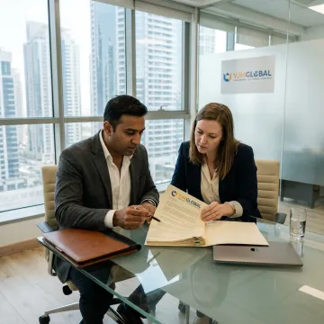 Business advisors reviewing Dubai company setup documents