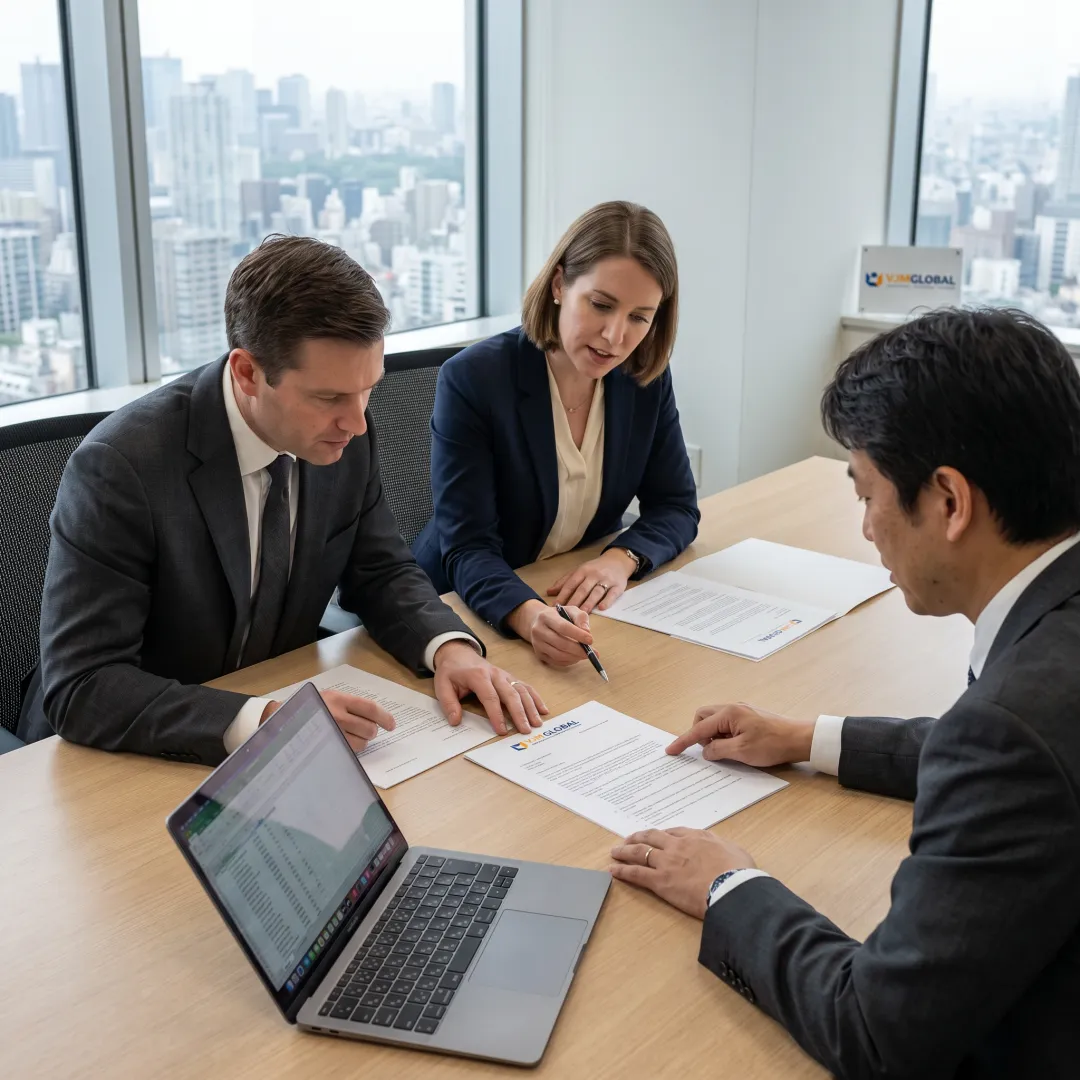 US business leaders reviewing Japan company registration documents