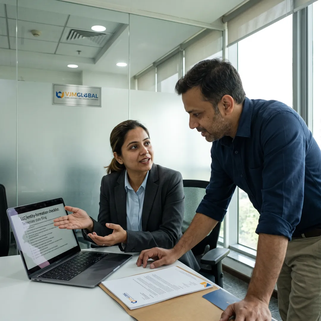 Consultant guiding a client through business registration paperwork