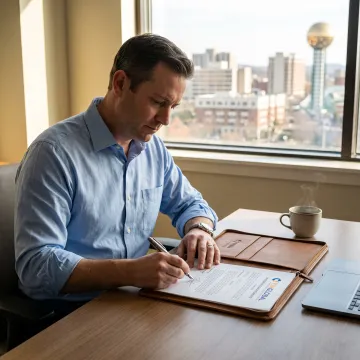 Entrepreneur reviewing business formation documents with a Knoxville skyline in the background