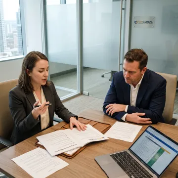 Consultant guiding a client through business registration paperwork step by step