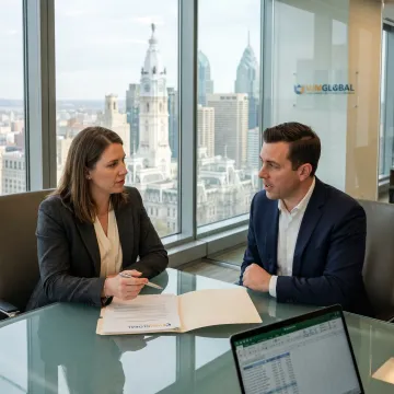 Business professionals discussing company formation documents in a Philadelphia office setting