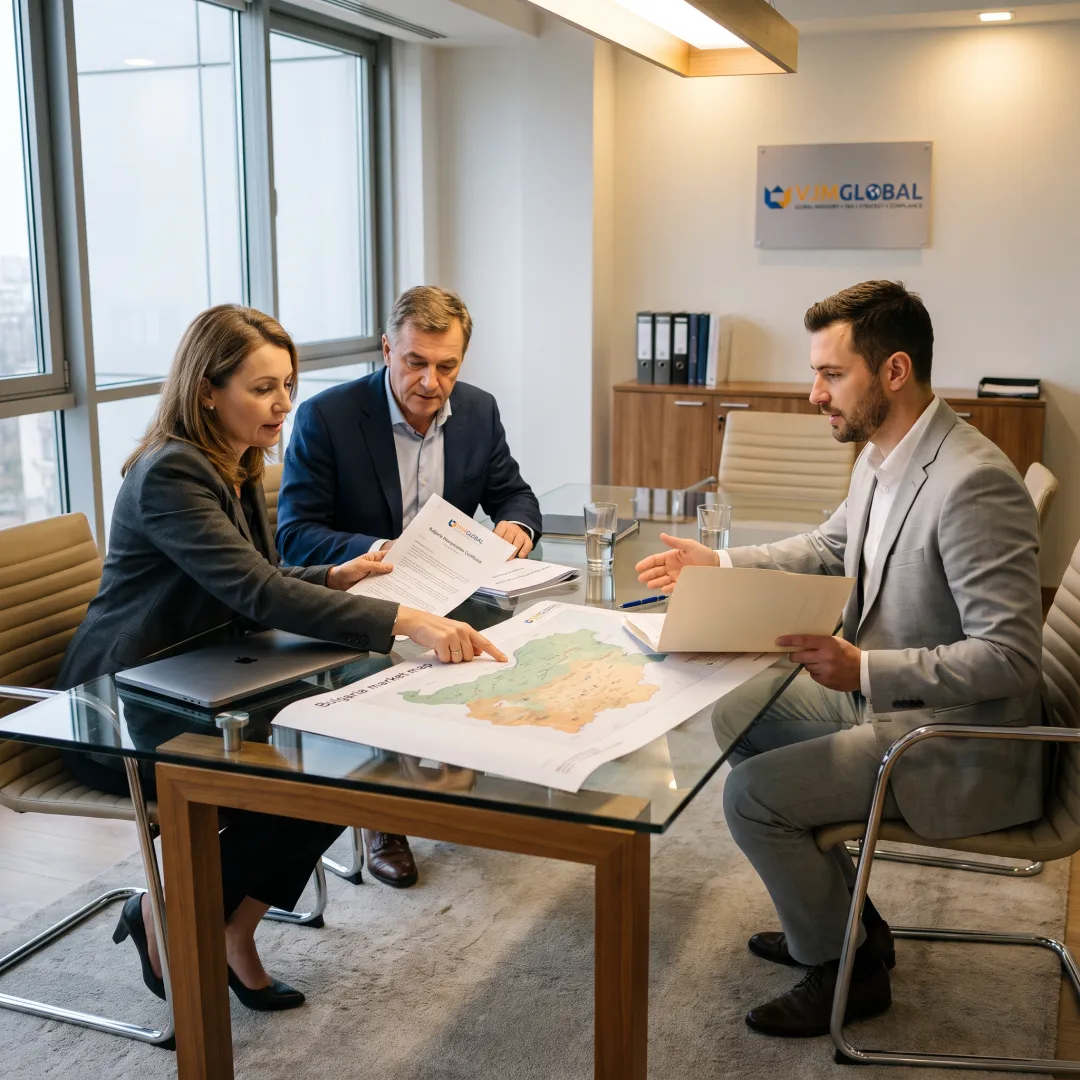 Business team reviewing Bulgaria expansion documents