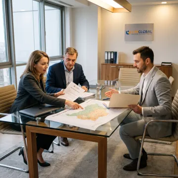 Business team reviewing Bulgaria expansion documents