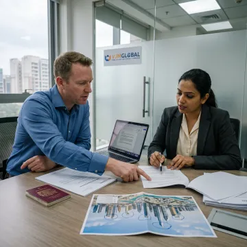 UK entrepreneur reviewing Sharjah free zone business setup documents
