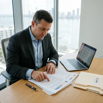 Business consultant reviewing startup paperwork with a Portsmouth entrepreneur