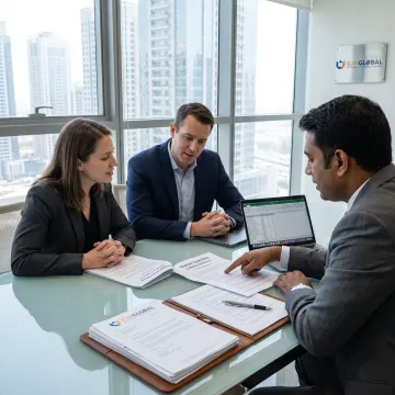 Business professionals reviewing UAE Free Zone setup documents