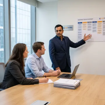 Advisor explaining UAE business setup plan to US founders
